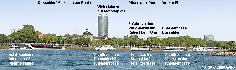 Schiffe bei Düsseldorf-Golzheim und Düsseldorf-Pempelfort am Rhein mit Victoriaturm am Victoriaplatz und Rheinterrasse Düsseldorf. Zufahrt zu den Parkplätzen am Robert-Lehr-Ufer mit den Schiffsanlegestellen.